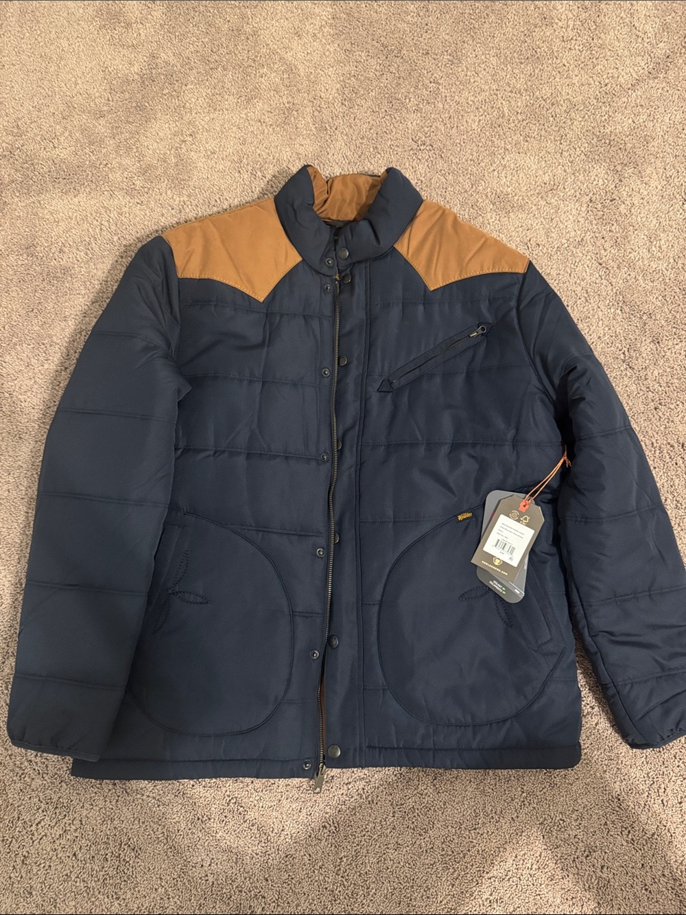 Howler Brothers Navy Puffer Jacket with Tan Shoulder Panels